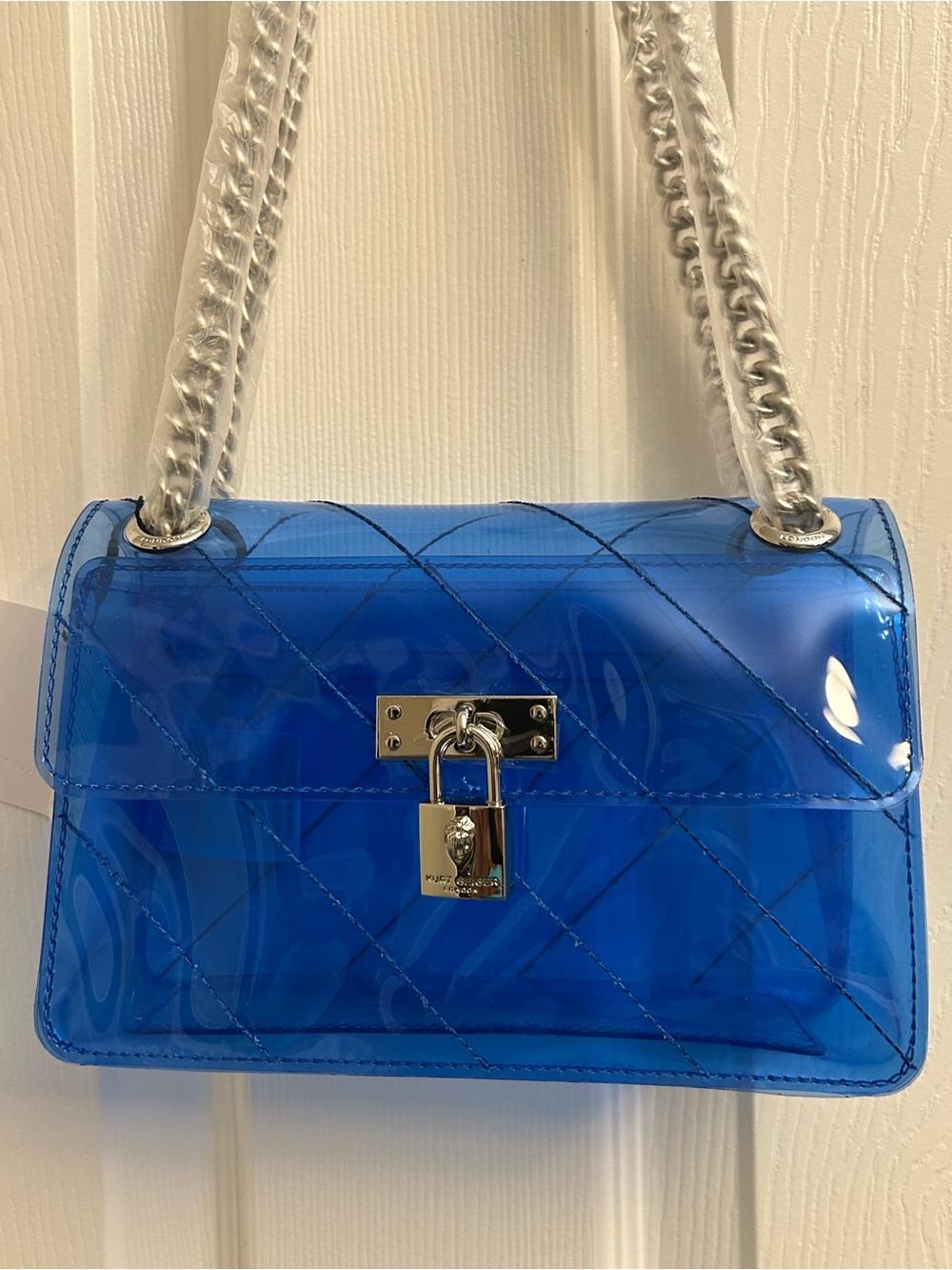 Kurt Geiger Blue Quilted Clear Shoulder Bag with Silver Chain & Padlock